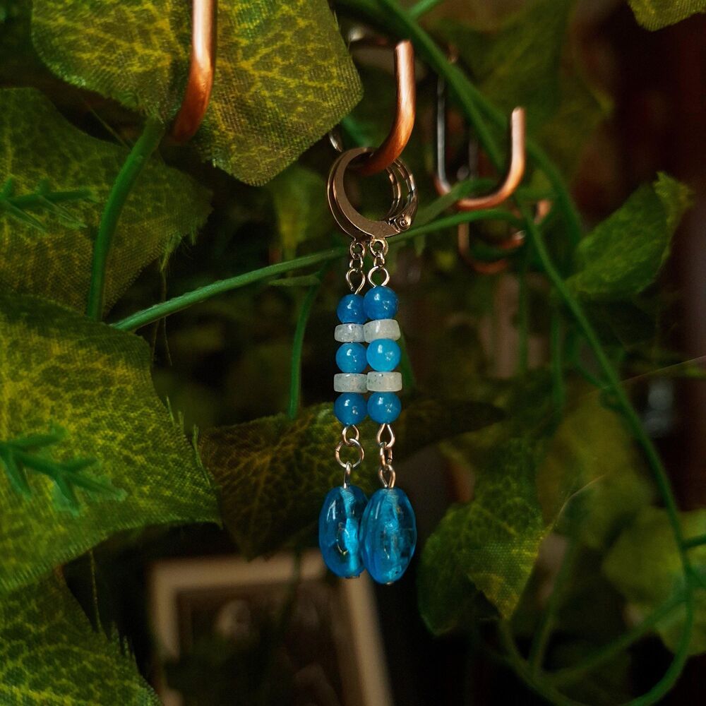 Aqua Quartz & Glass Earrings, Stainless Steel Leverback - Picture 3 of 9